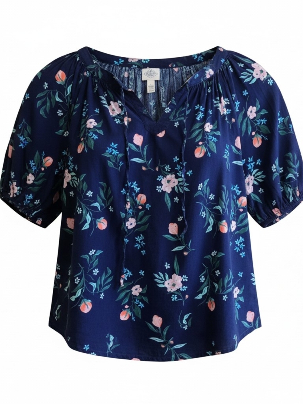 St. John's Bay Navy Floral Peasant Tie-Neck Tunic Boho Festival Y2K